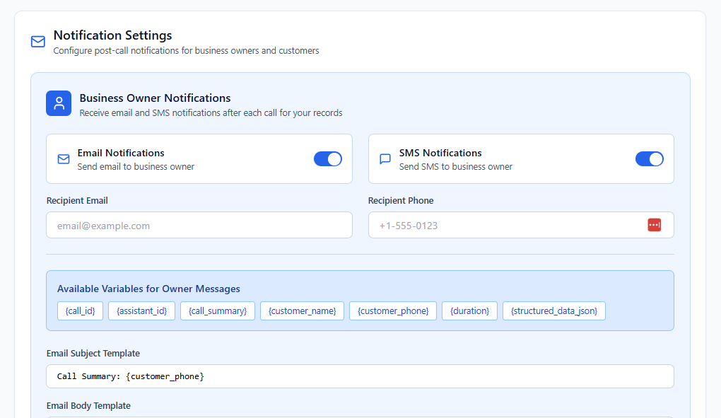 Notification settings showing email and SMS configuration options
